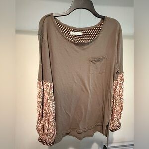 We The Free Green Blouse with Patterned Floral Sleeves